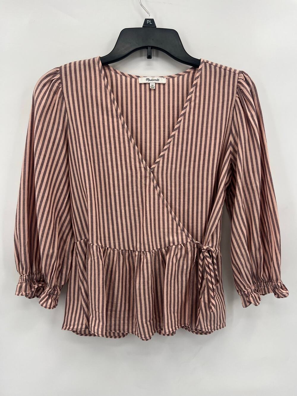 Madewell Striped Puff Sleeve Peplum Wrap Top XS 100% Cotton